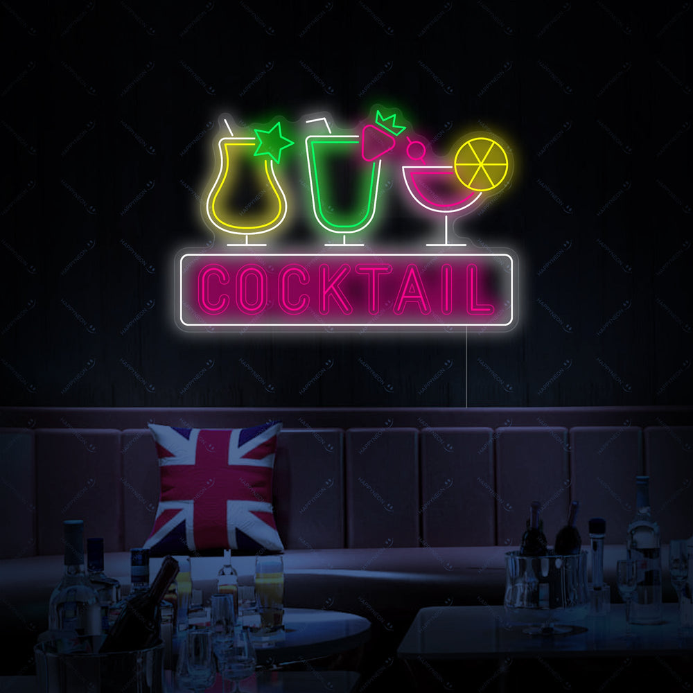 The graphic design outline of the 'Cocktail' neon sign, depicting a stylized cocktail glass with a garnish against a lifestyle backdrop.