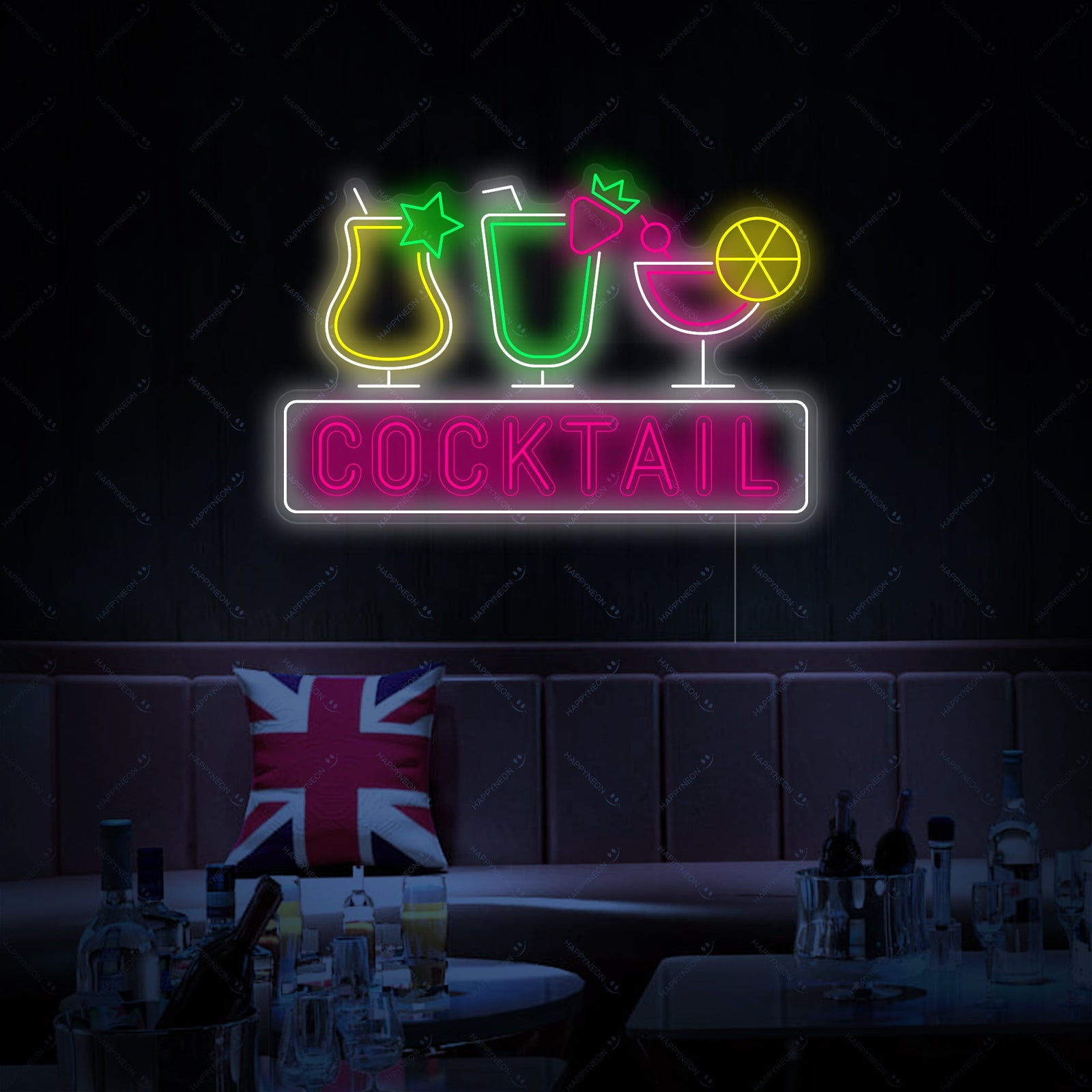 The graphic design outline of the 'Cocktail' neon sign, depicting a stylized cocktail glass with a garnish against a lifestyle backdrop.
