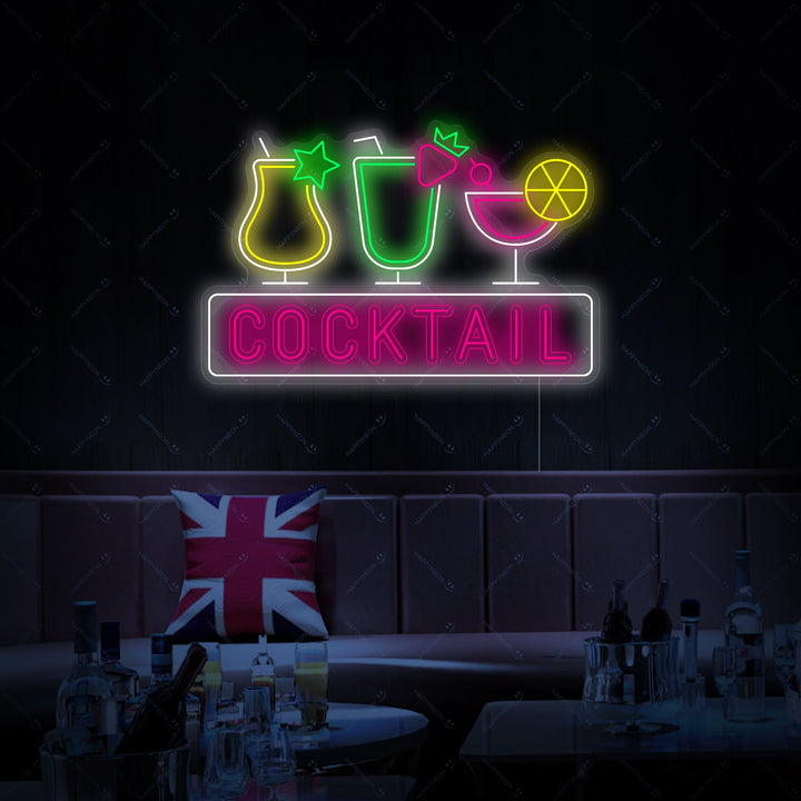 The graphic design outline of the 'Cocktail' neon sign, depicting a stylized cocktail glass with a garnish against a lifestyle backdrop.