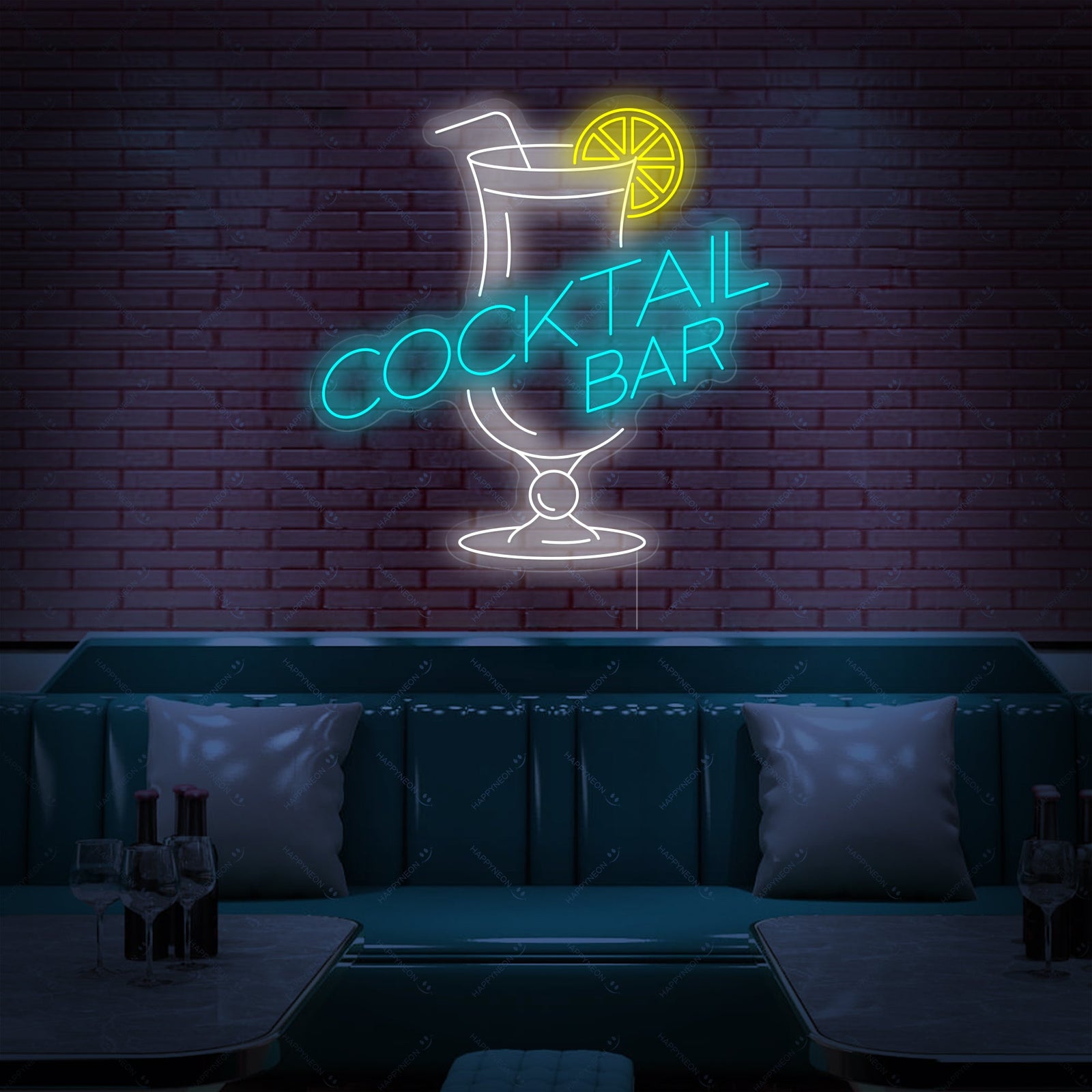 A glowing graphic rendering of a Cocktails Bar neon sign on a dark background with watermarks.