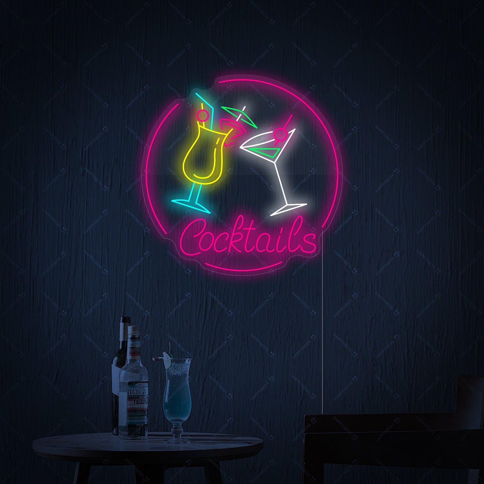 A glowing 'Cocktails' neon sign with stylized pink lettering and a dark outline on a simple background.