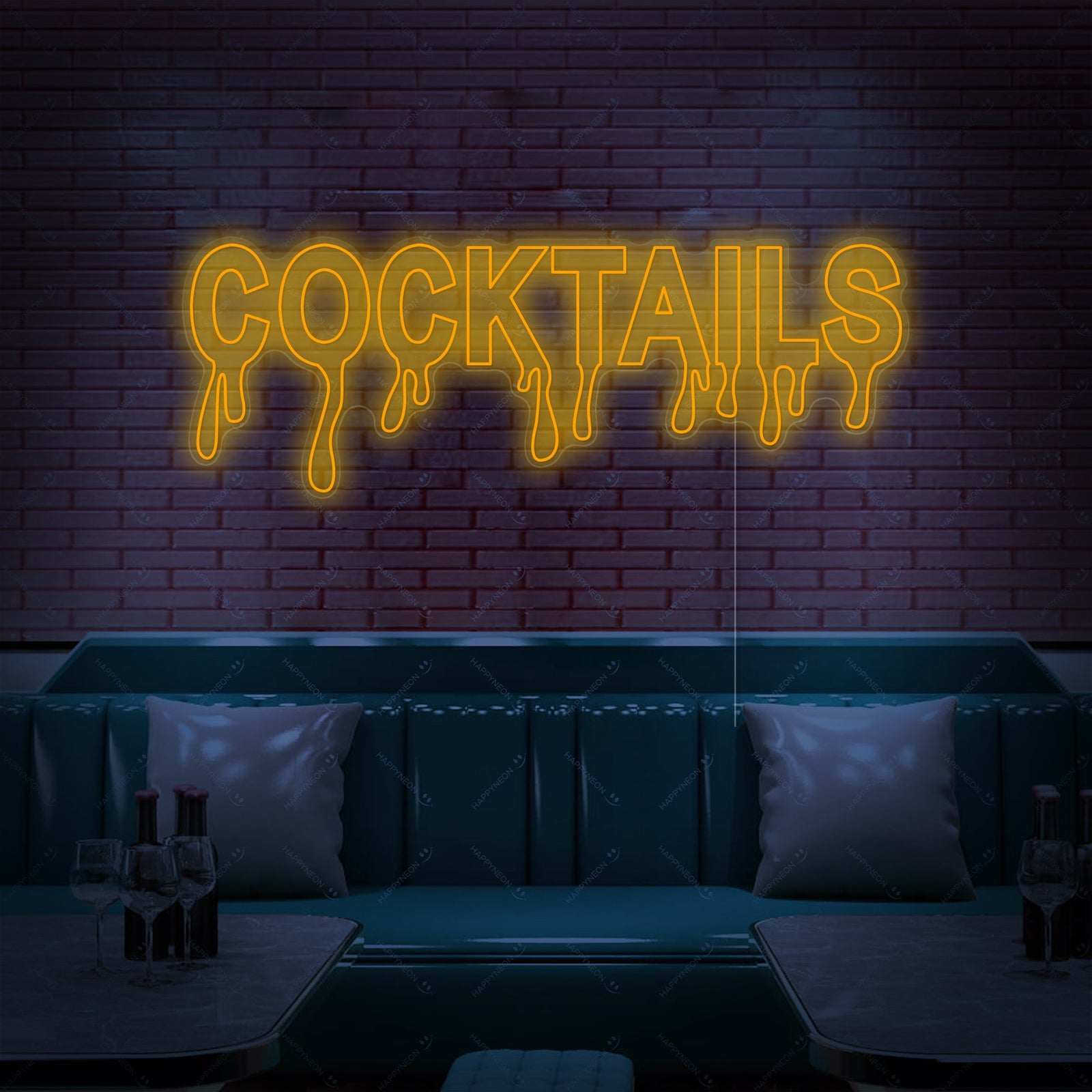 Close-up view of the illuminated 'Cocktails' neon sign showing the craftsmanship and mount