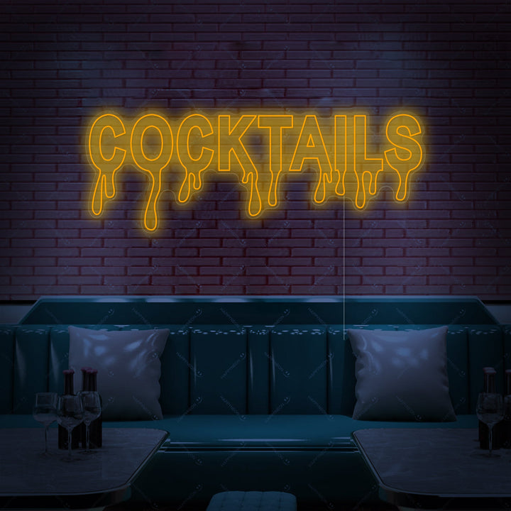 Close-up view of the illuminated 'Cocktails' neon sign showing the craftsmanship and mount