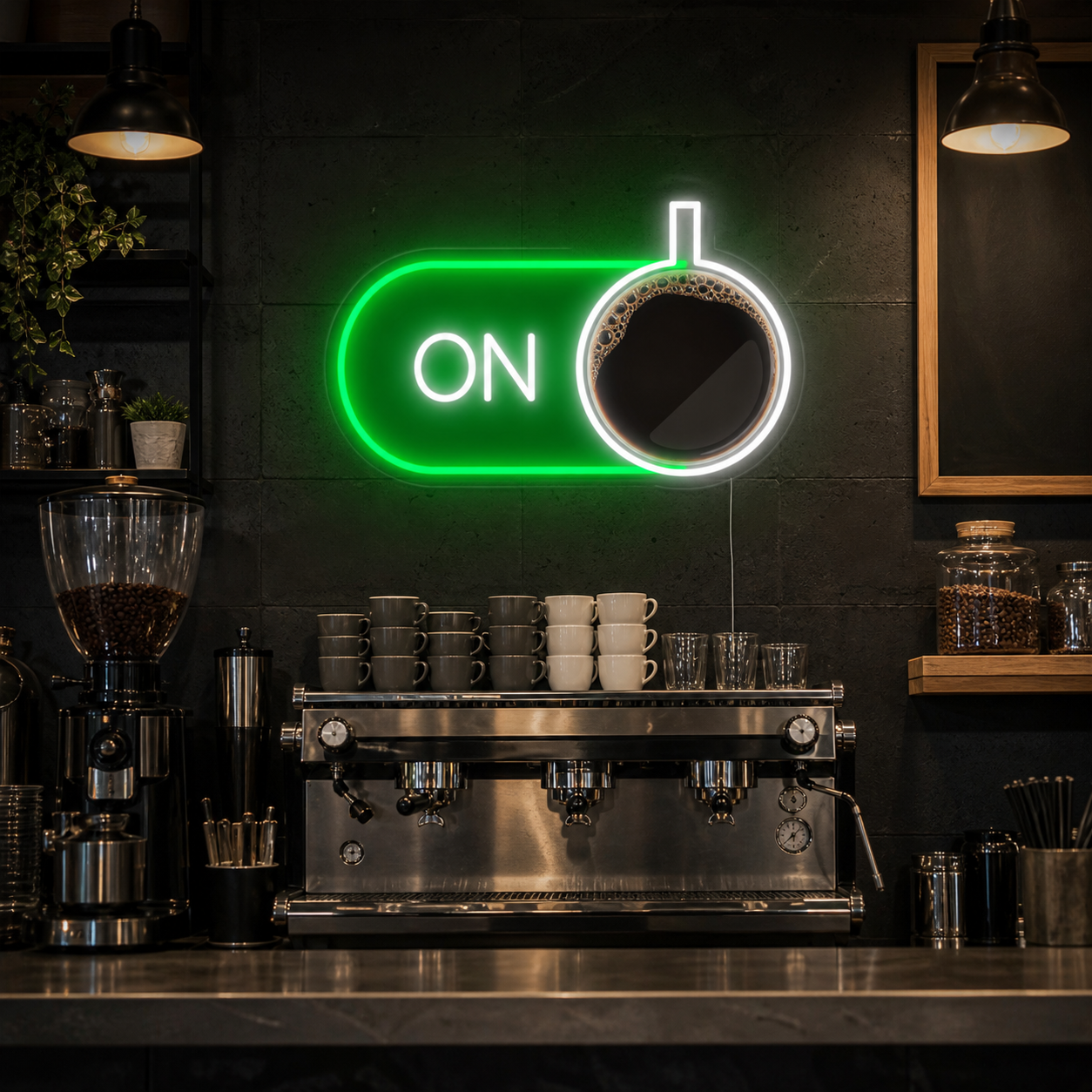 "Coffee ON" neon sign glowing on a rustic brick wall over a coffee bar counter.
