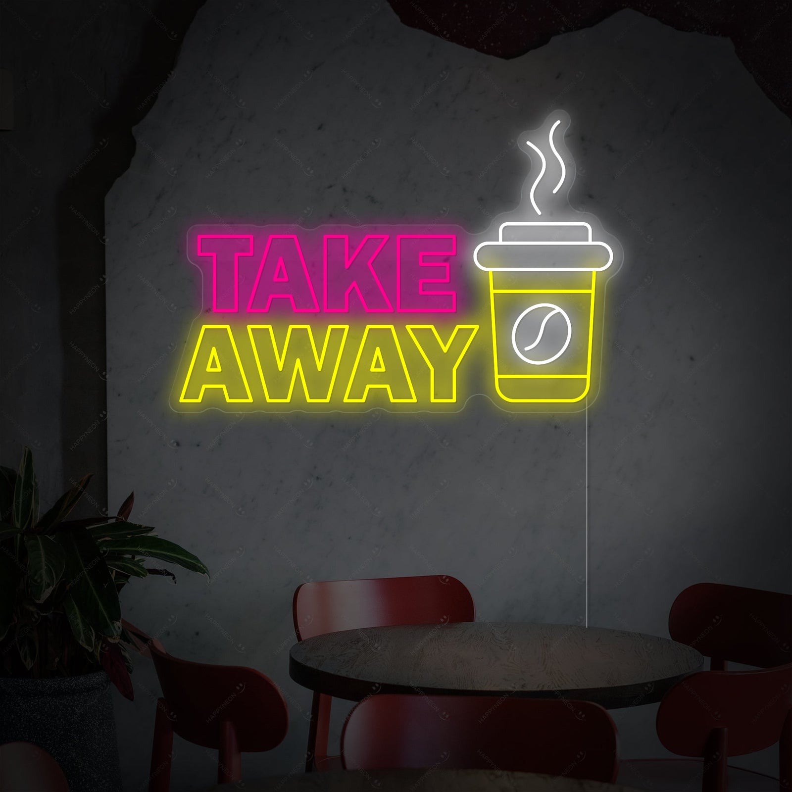 Close-up of the 'Coffee Take Away' neon wall light design showing its crisp blue glow against an interior wall