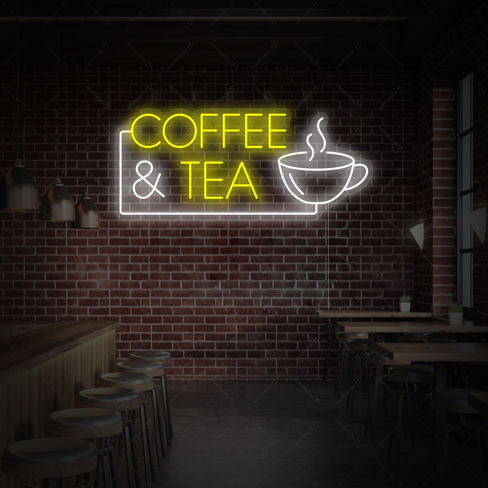 A close-up shot of the detailed construction of the 'Coffee & Tea' neon sign, showcasing the clear acrylic backing and high-quality neon tubing.
