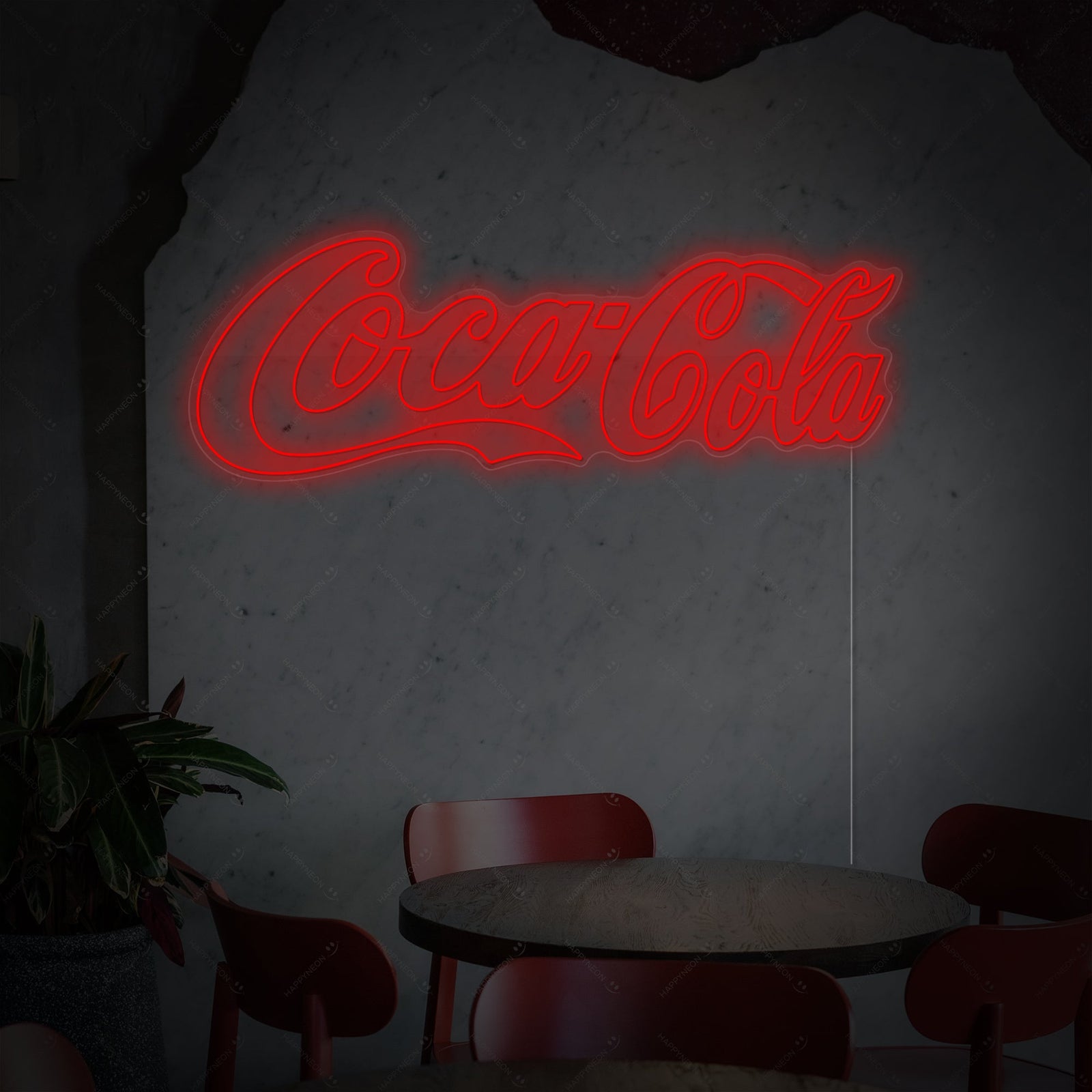 Close-up photograph of the handcrafted Coca Cola LED neon sign showing the distinct red and white color tubes and the clear acrylic mounting hardware.