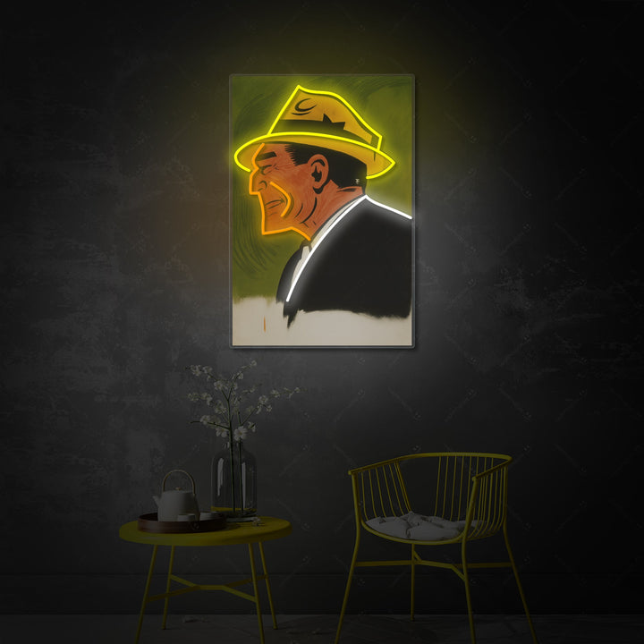 A flat illustration of a comic book style mob boss figure rendered as a glowing neon sign.
