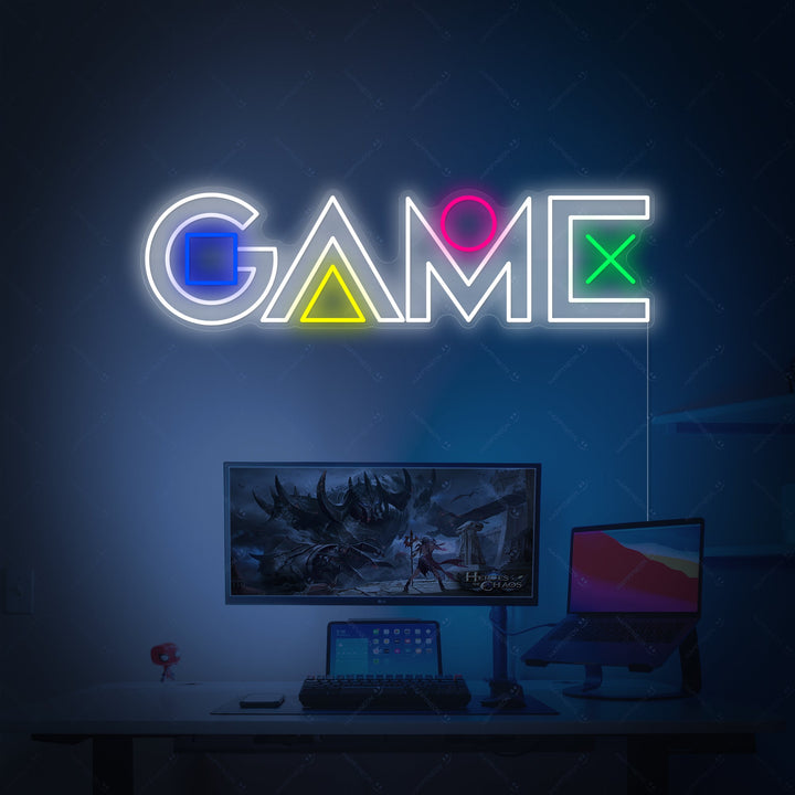 Close-up of the 'GAME' neon sign showcasing its detailed construction and glowing letters over a gaming console.