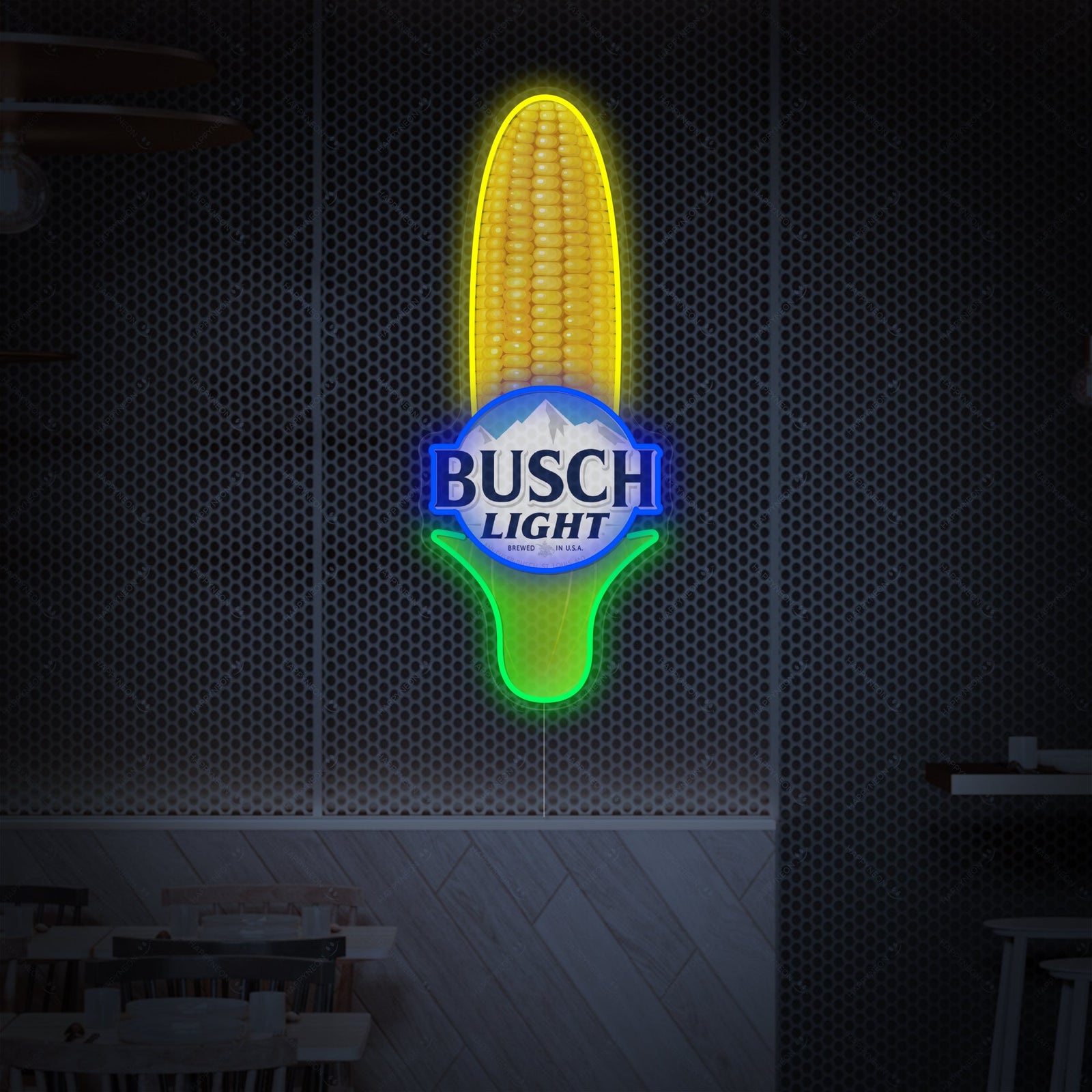 A digital mockup illustrating the 'Corn Beer Logo' neon sign design integrated as a decorative element in a rustic bar setting.