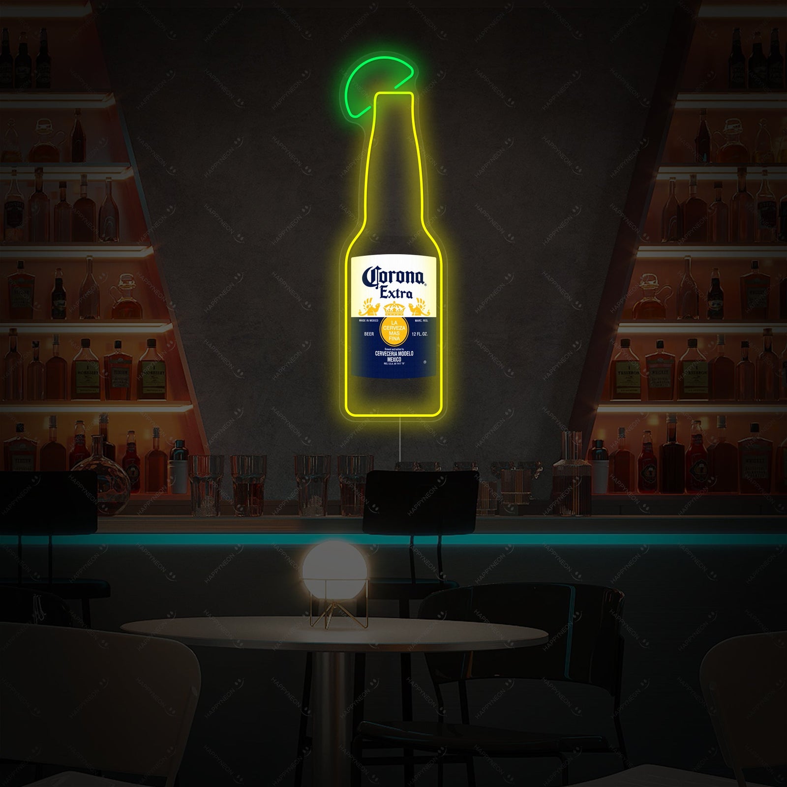 A clean, polished digital rendering of the glowing Corona Extra beer bottle neon sign, showcasing vibrant yellow light and the iconic label detail against an idealized, slightly blurred bar interior background.