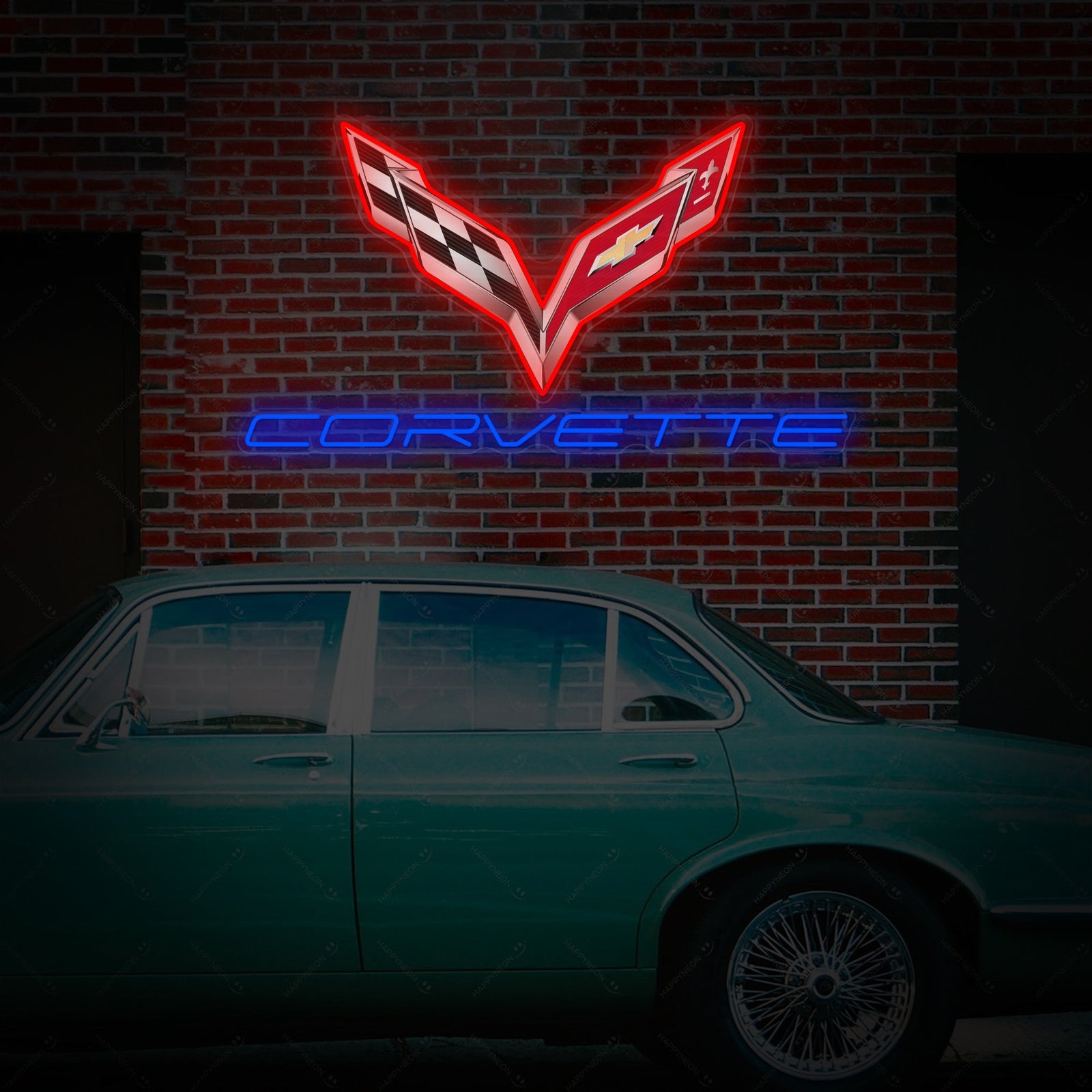 A glowing blue vector graphic of the Corvette script logo superimposed over a classic black car and a brick wall background.