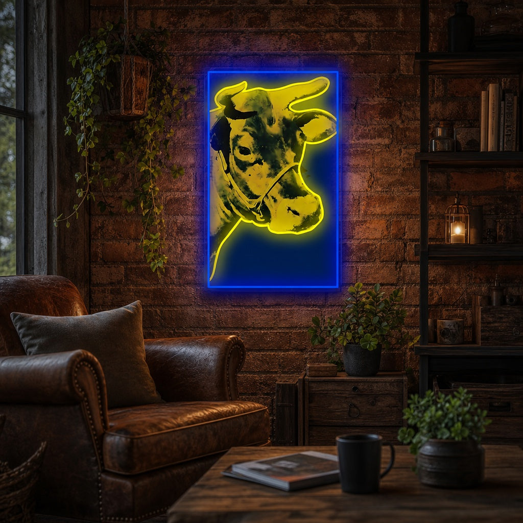 Cow neon sign glowing above a sofa in a modern living room setting