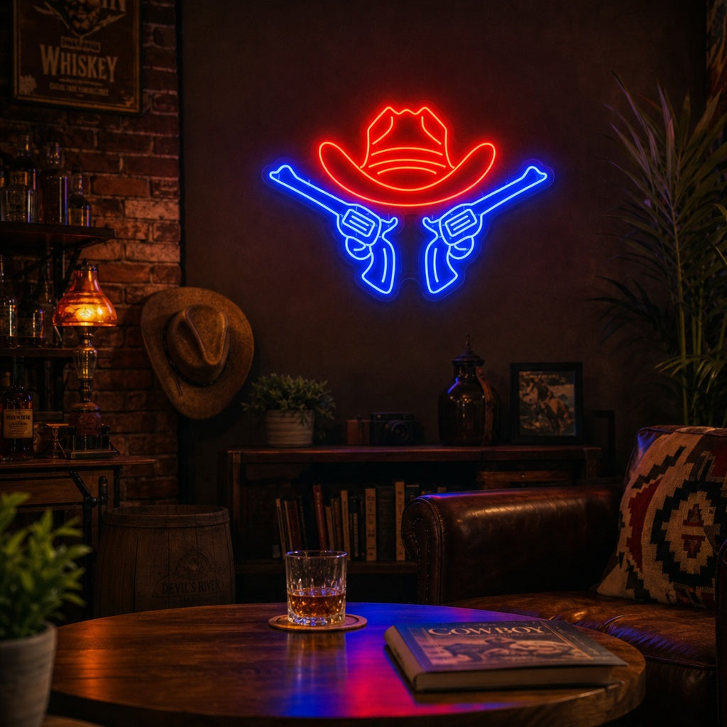 A cozy living room featuring a Western-style cowboy hat neon sign glowing above a rustic fireplace.