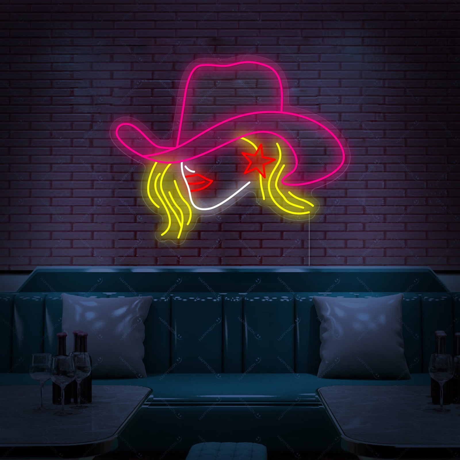 A clean, professional studio shot of the glowing 'Cowgirl' neon sign, showcasing its detailed construction and radiant light against a stylized, slightly blurred background.