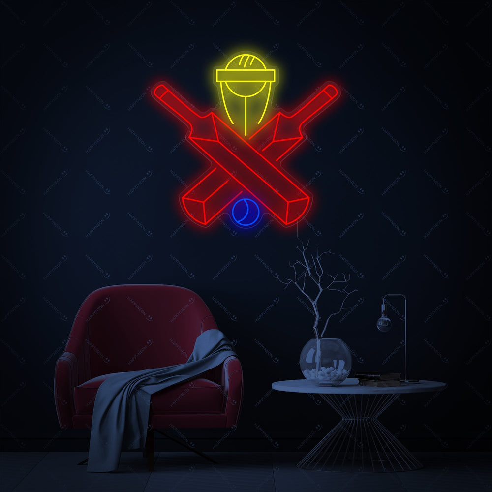 Flat graphic mockup design for 'Cricket Bat Ball Winning' neon sign, showing the precise lines of the bat, ball, and typography.