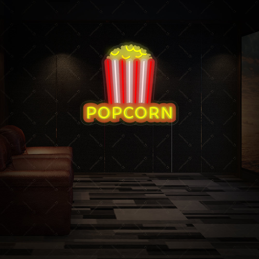 The design of the "Crispy Popcorn" neon sign shown glowing within a simulated theater concessions environment.