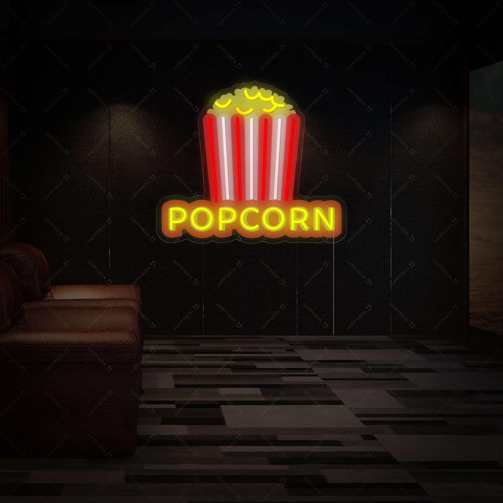 The design of the "Crispy Popcorn" neon sign shown glowing within a simulated theater concessions environment.