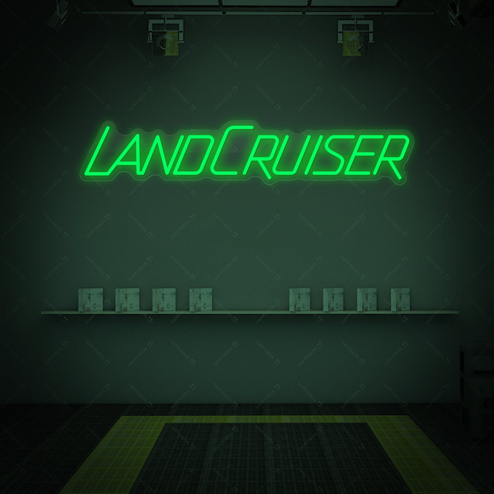 Close-up detail of the illuminated Cruiser neon sign showing the tubing mounted on a clear acrylic backing.