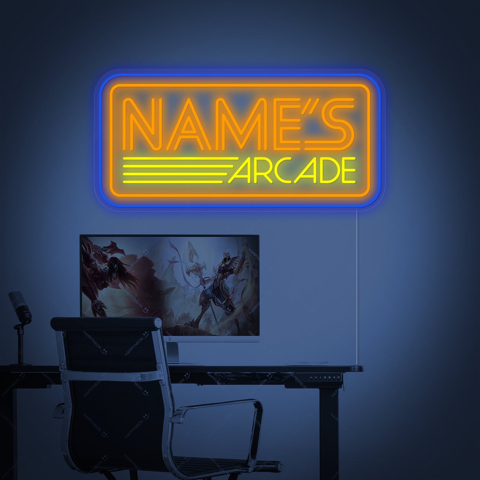 A close-up view of the custom arcade neon sign, showcasing the detailed tubing and power cord detail.