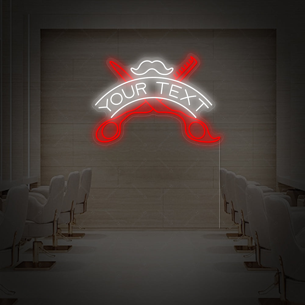The official design template for the 'Custom Barbershop' neon sign, showcasing its font and structure.