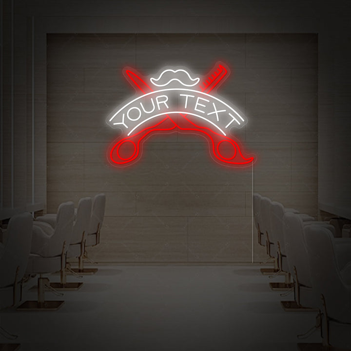 The official design template for the 'Custom Barbershop' neon sign, showcasing its font and structure.