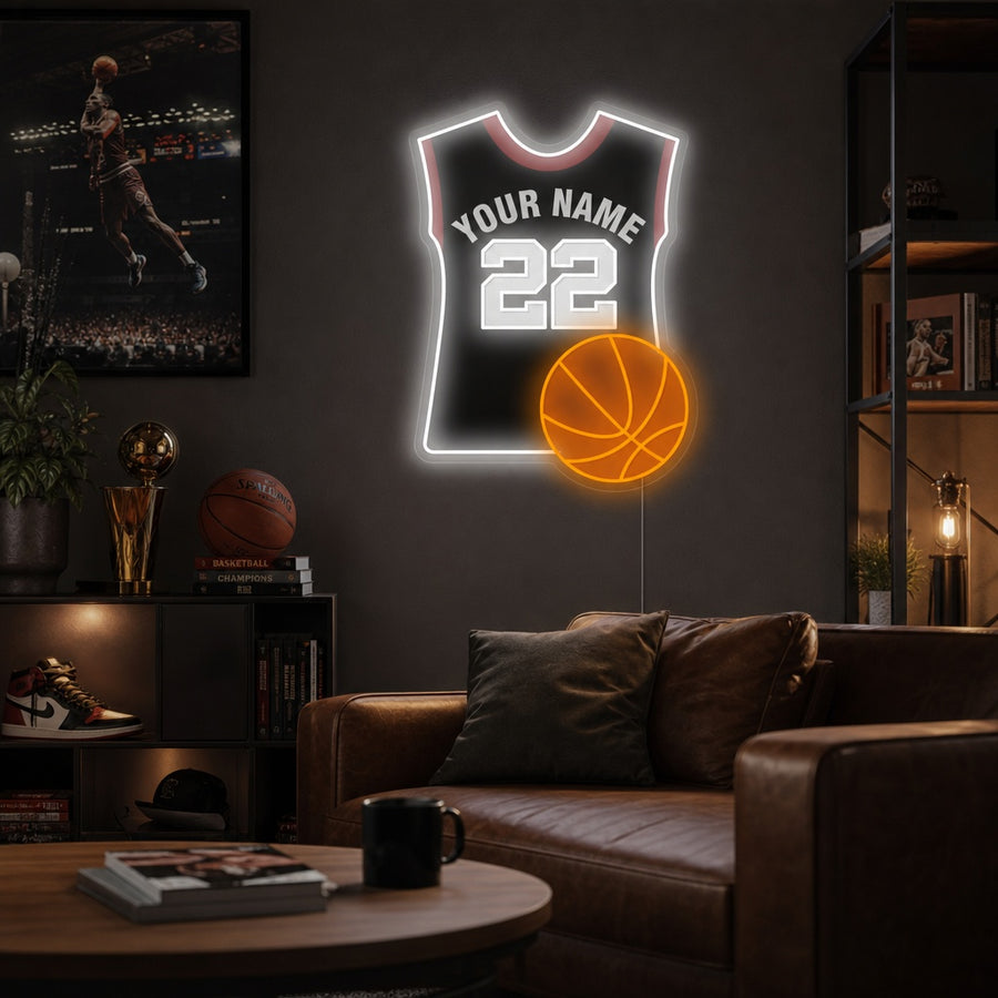 A custom basketball jersey neon sign with 'Your Name' text displayed on a graphic design mockup.