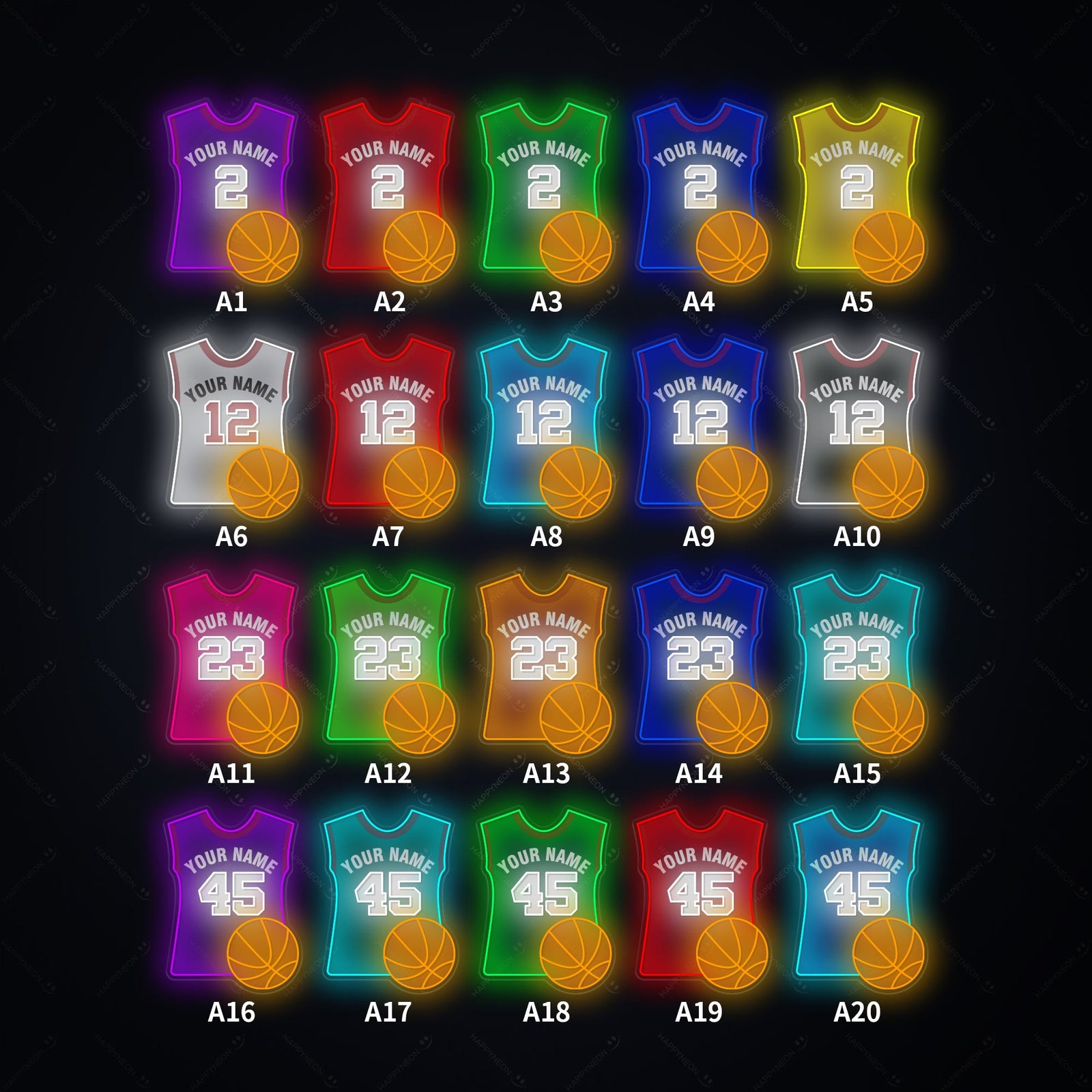 A grid layout displaying various customizable colors and options for the basketball jersey neon sign.