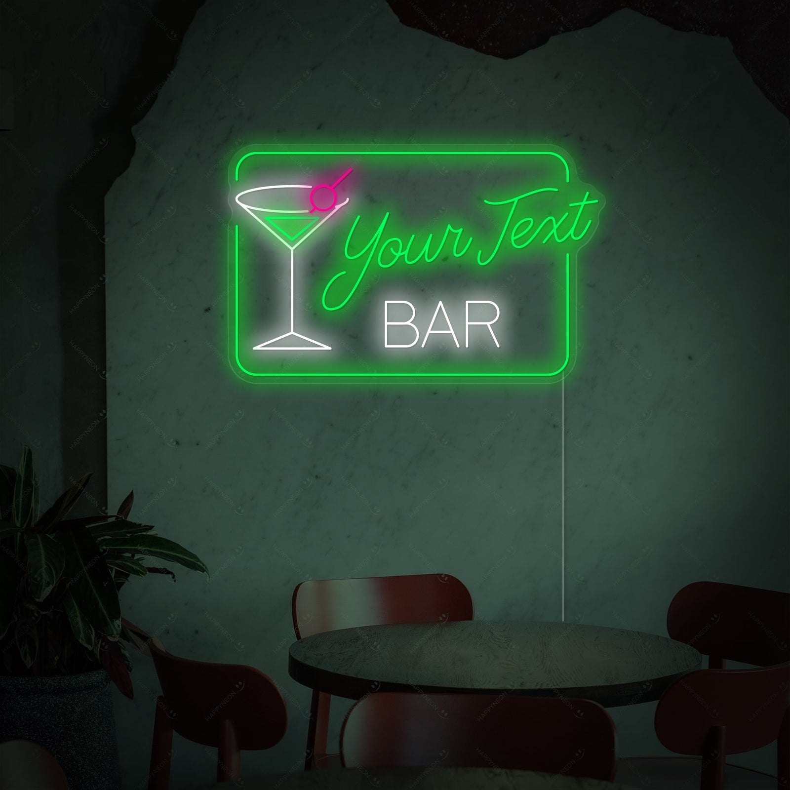 Close-up of a glowing 'Custom Cocktails Bar' neon sign with text and glass icon over an illuminated bar background.