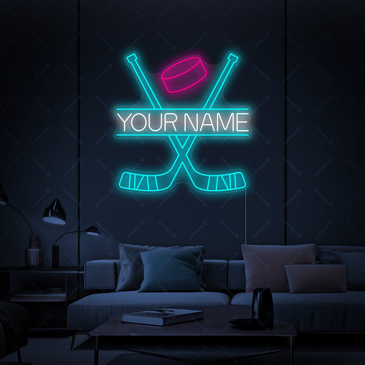 The custom crossed hockey sticks neon sign, illuminated and hanging on a brick wall with a distinct red glow.