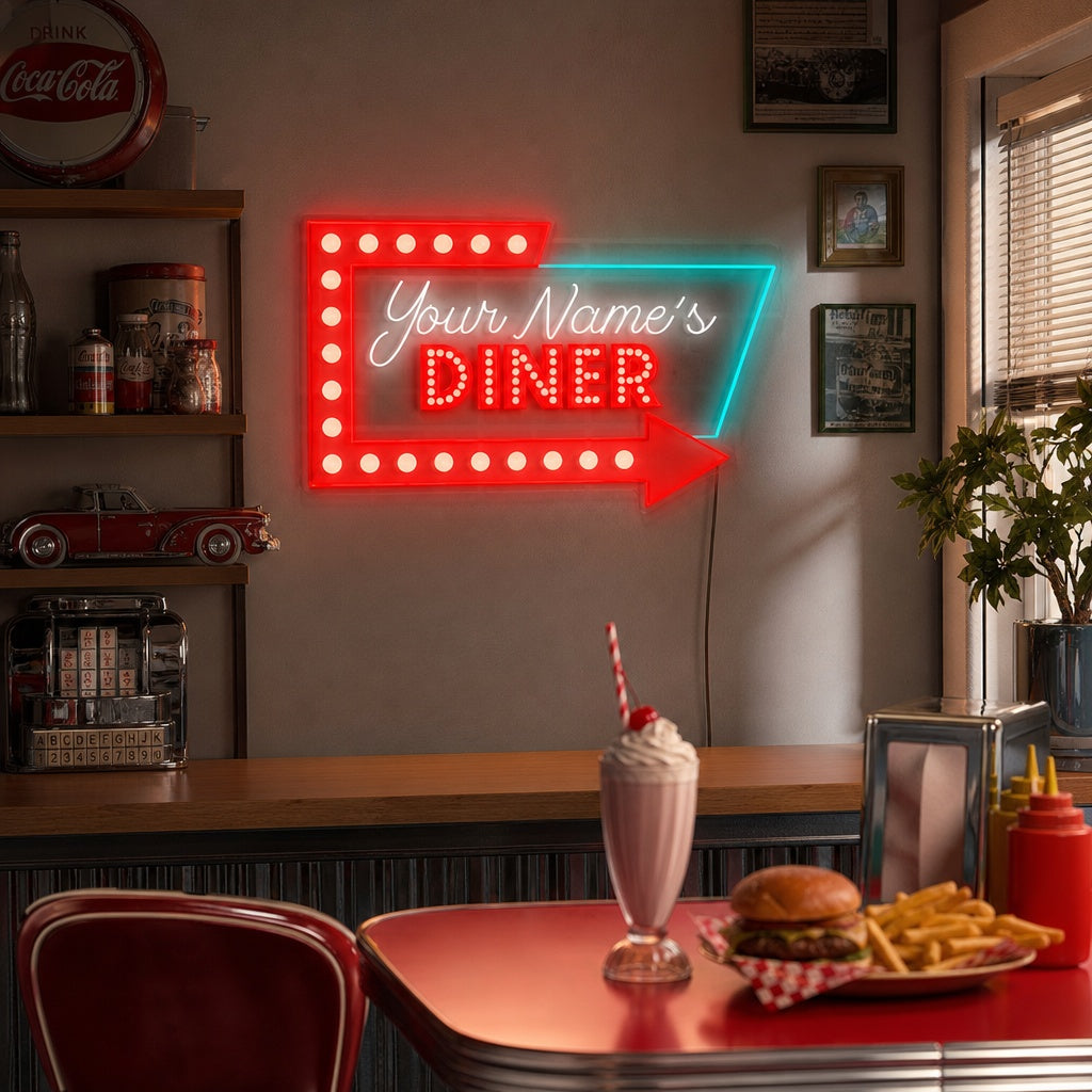A custom-designed illuminated neon diner sign with retro red and white text on a restaurant wall, showing personalized details.