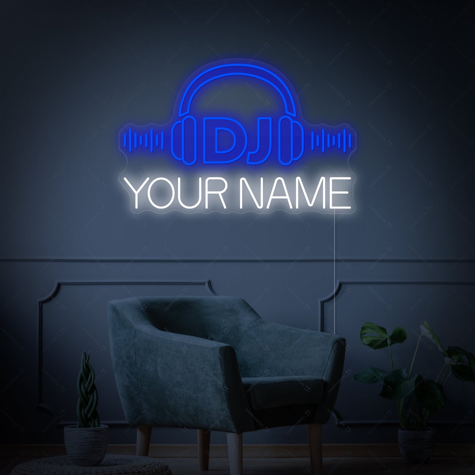 Close-up detailed view of a custom DJ logo neon sign featuring stylized typography, illuminating with bright white light against a clean background, showing the clear acrylic mounting.