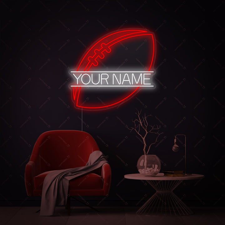 Graphic mockup of the Custom American Football neon sign in a stylized football field and goal post design.