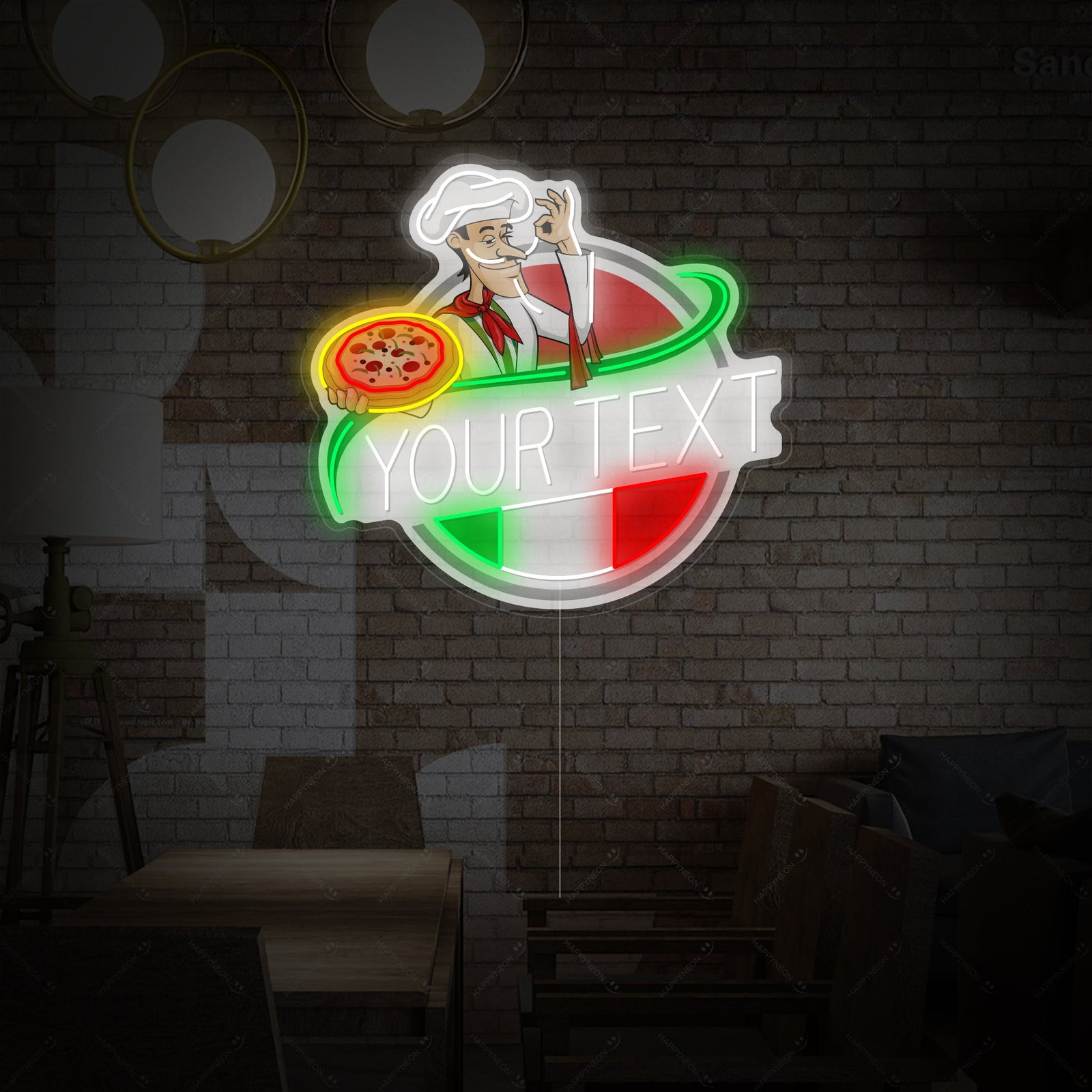 A colorful custom Italian restaurant logo featuring a cheerful chef with a mustache holding a pizza, displayed as a bright neon sign on a textured brick wall.
