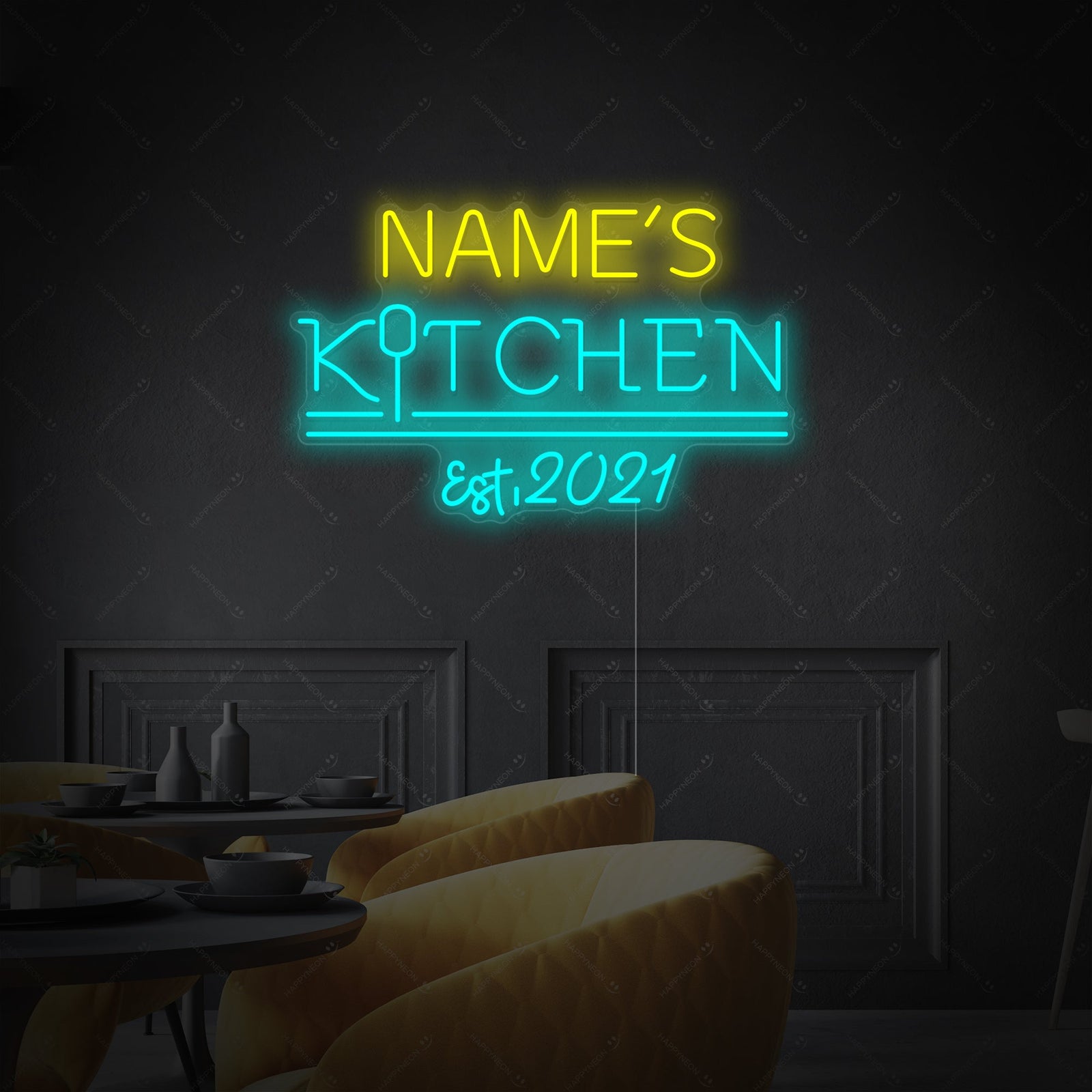 Close-up of a custom kitchen logo neon sign, showing the detailed glowing text and graphic element.