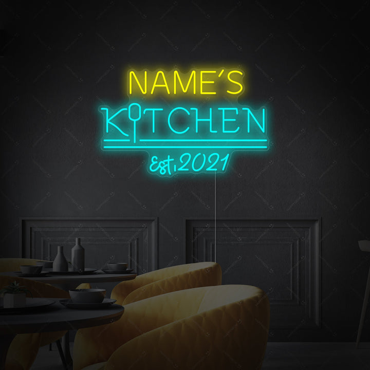 Close-up of a custom kitchen logo neon sign, showing the detailed glowing text and graphic element.
