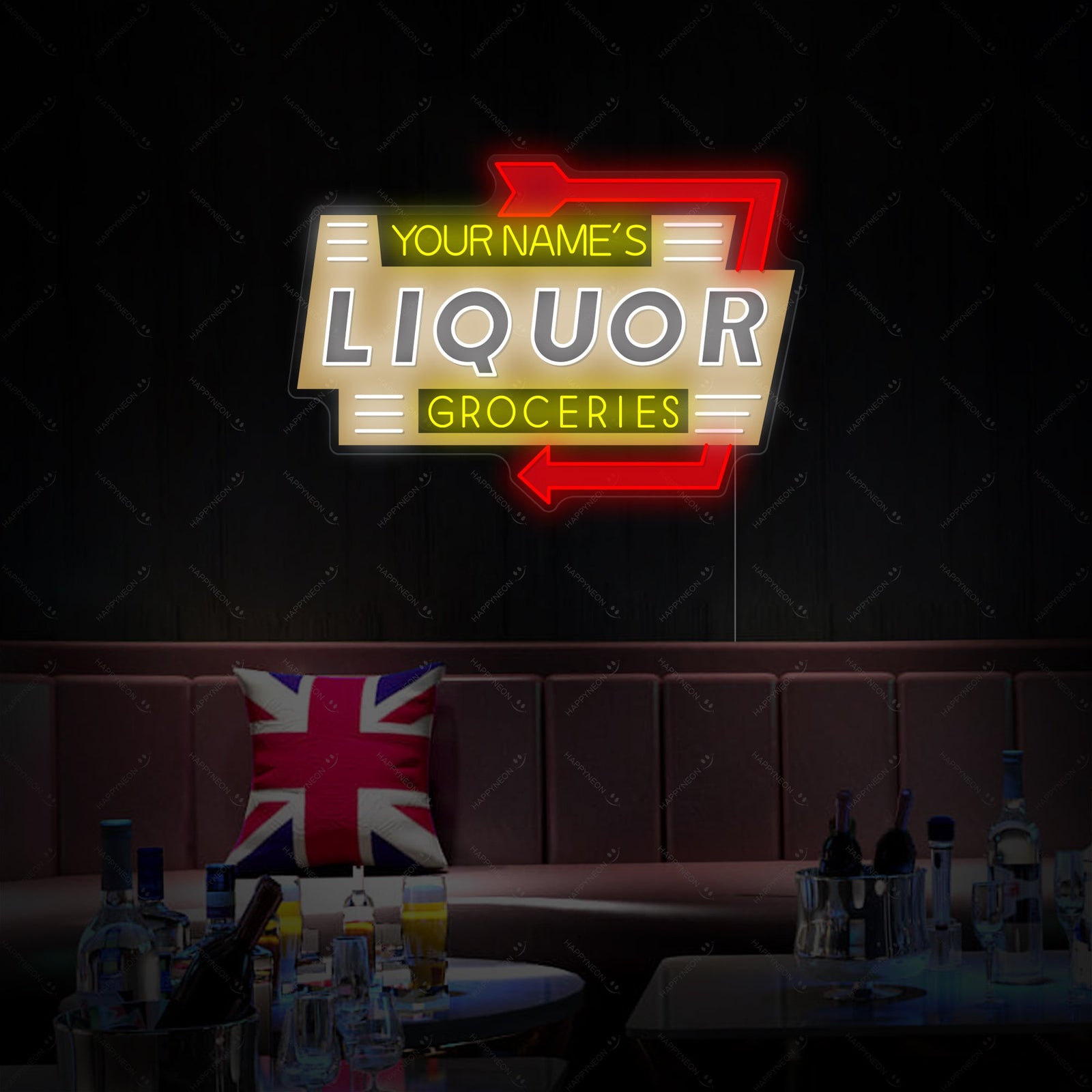 A flat visual representation of the 'Liquor Groceries' custom neon sign, showing the red and blue glow against a dark background, illustrating the sign's construction style.