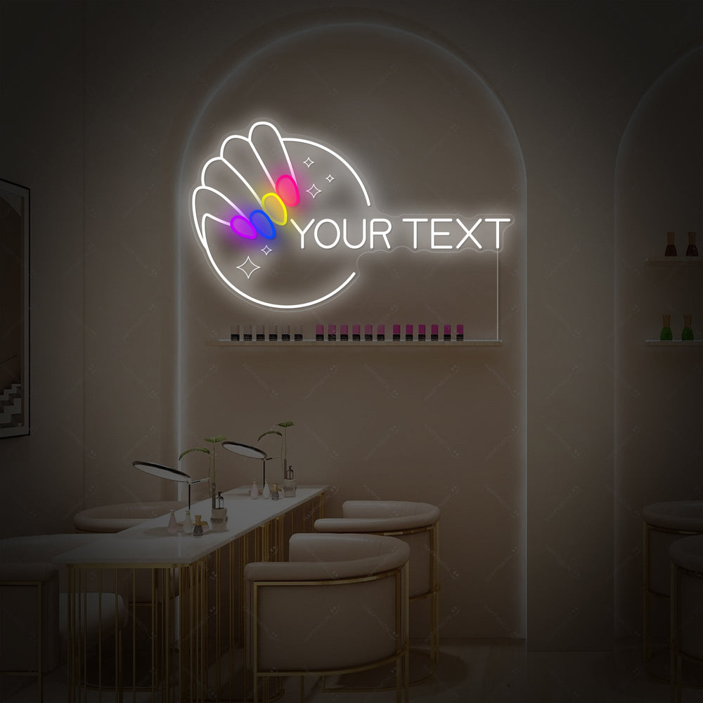 A product close-up shot of the Custom Nail neon sign, clearly showing the detailed work and craftsmanship involved in creating the iconic shape and vibrant color.