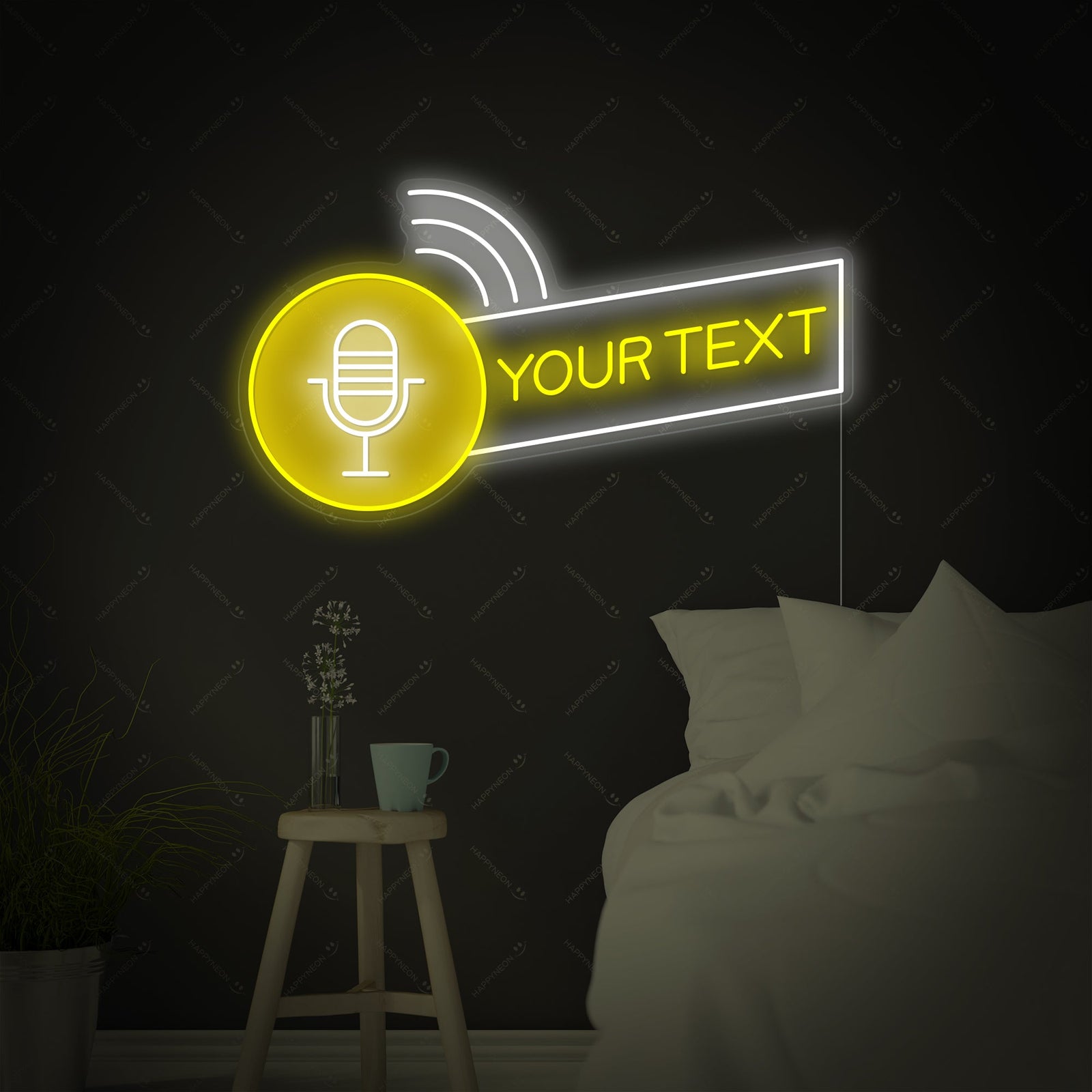 A custom-made neon sign displaying a sample podcast logo with a microphone graphic and placeholder text 'YOUR LOGO HERE' in white and orange glowing tubes, highlighting the clear acrylic backing, electrical wires, and power plug.