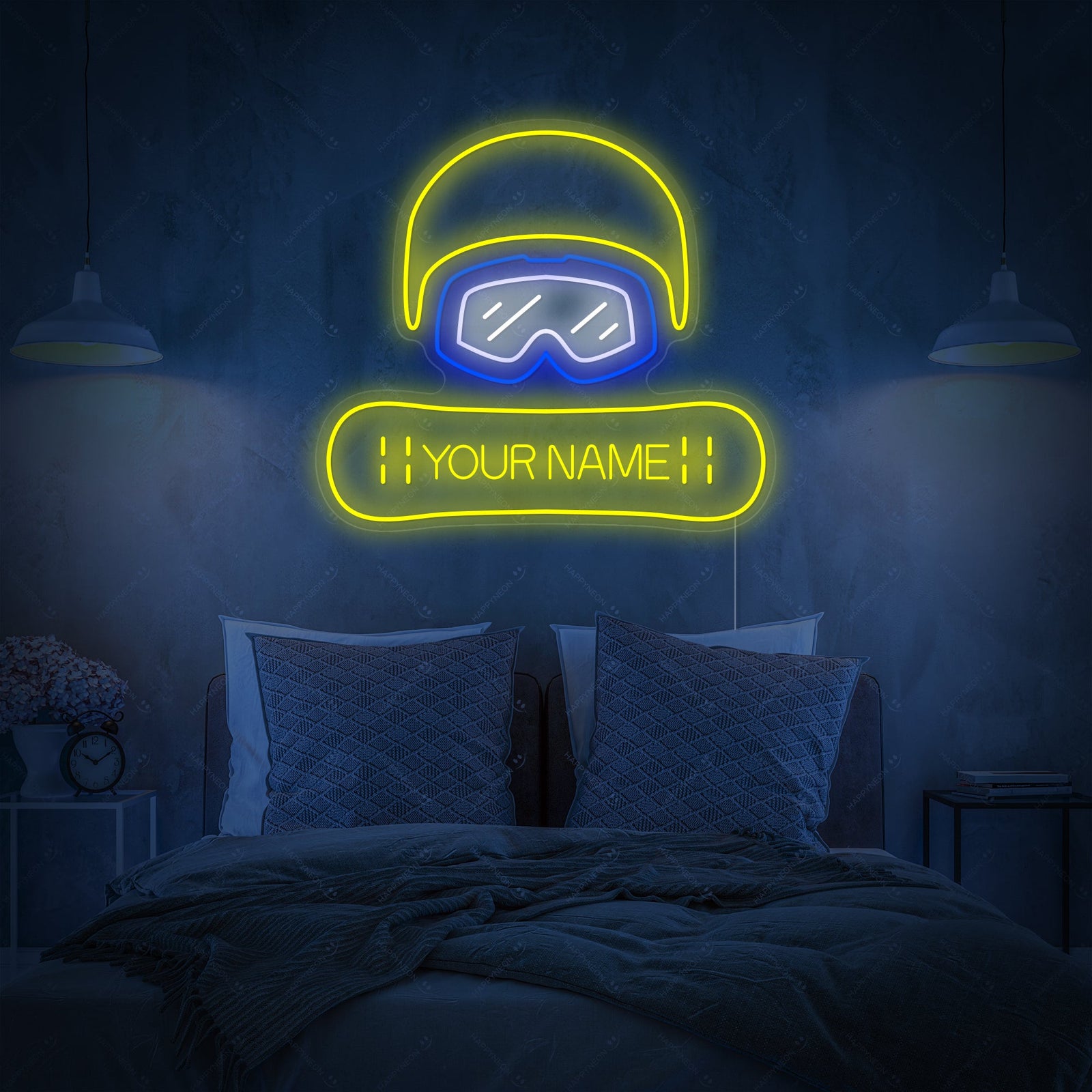 A mockup of the Custom Snowboard Neon Sign displayed over a bed, featuring the text 'YOUR NAME' on the snowboard graphic.