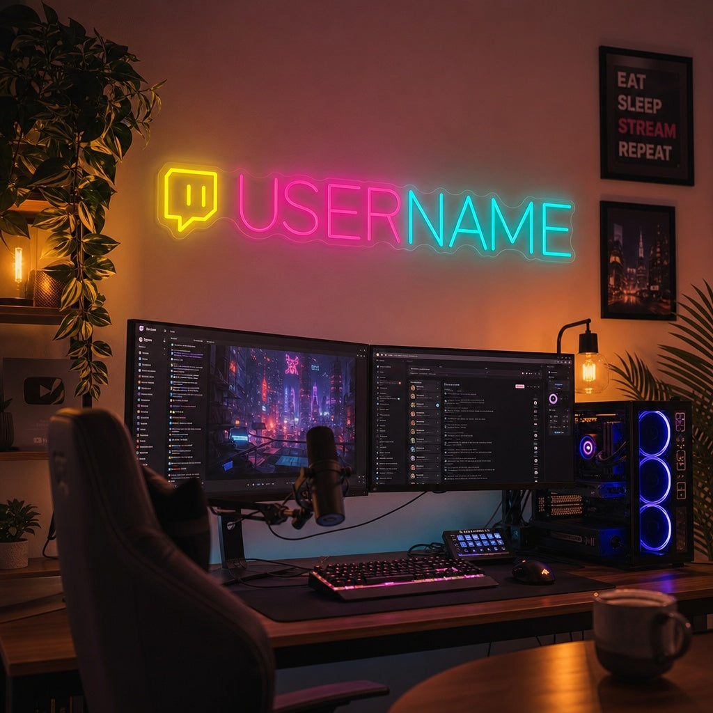 A custom purple Twitch logo neon sign glows brightly against a dark wall above a modern gaming desk and setup.