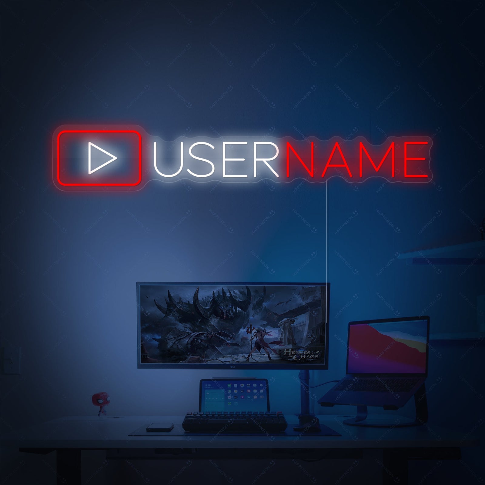 A custom YouTube logo neon sign with personalized text and a camera icon, glowing clearly with visible clear acrylic backing on a wooden surface.