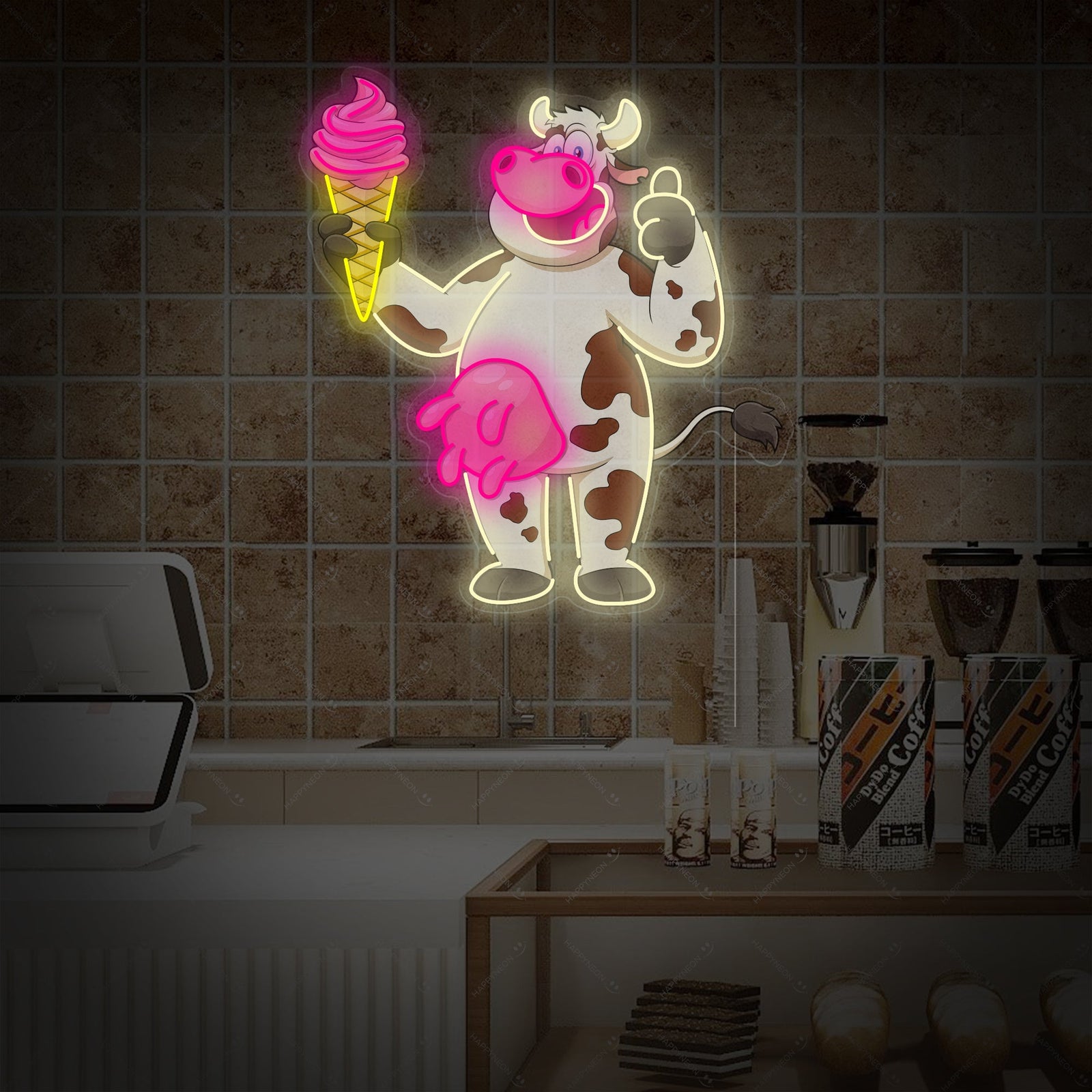 A detailed view of the 'Cute Cow With Ice Cream' neon sign, showing the combination of printed graphics and glowing neon tubes on an acrylic backing.