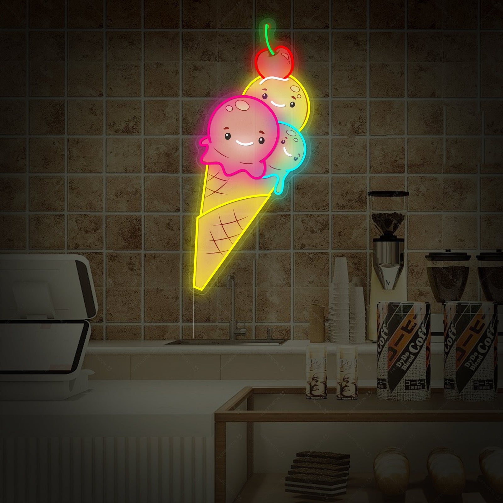 A clear, close-up view of the ice cream neon sign design, highlighting the glowing contours and colors of the ice cream cone.
