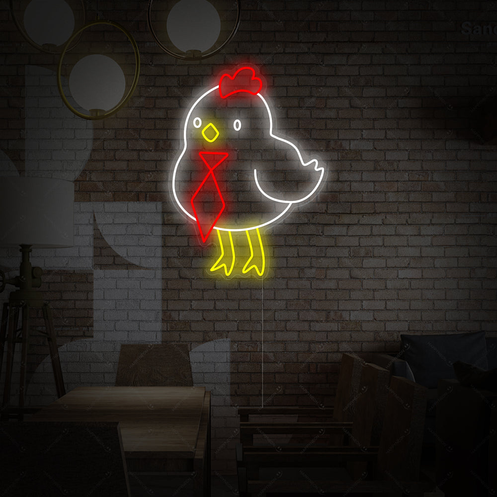 The glowing outline of the Cute Little Chicken neon sign shown against a plain wall texture, highlighting the design details.