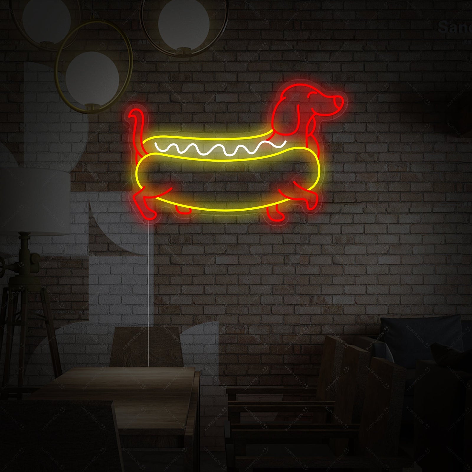 An illuminated neon sign featuring a glowing design that combines a dachshund profile with a detailed hotdog in a bun, including condiment stripes.