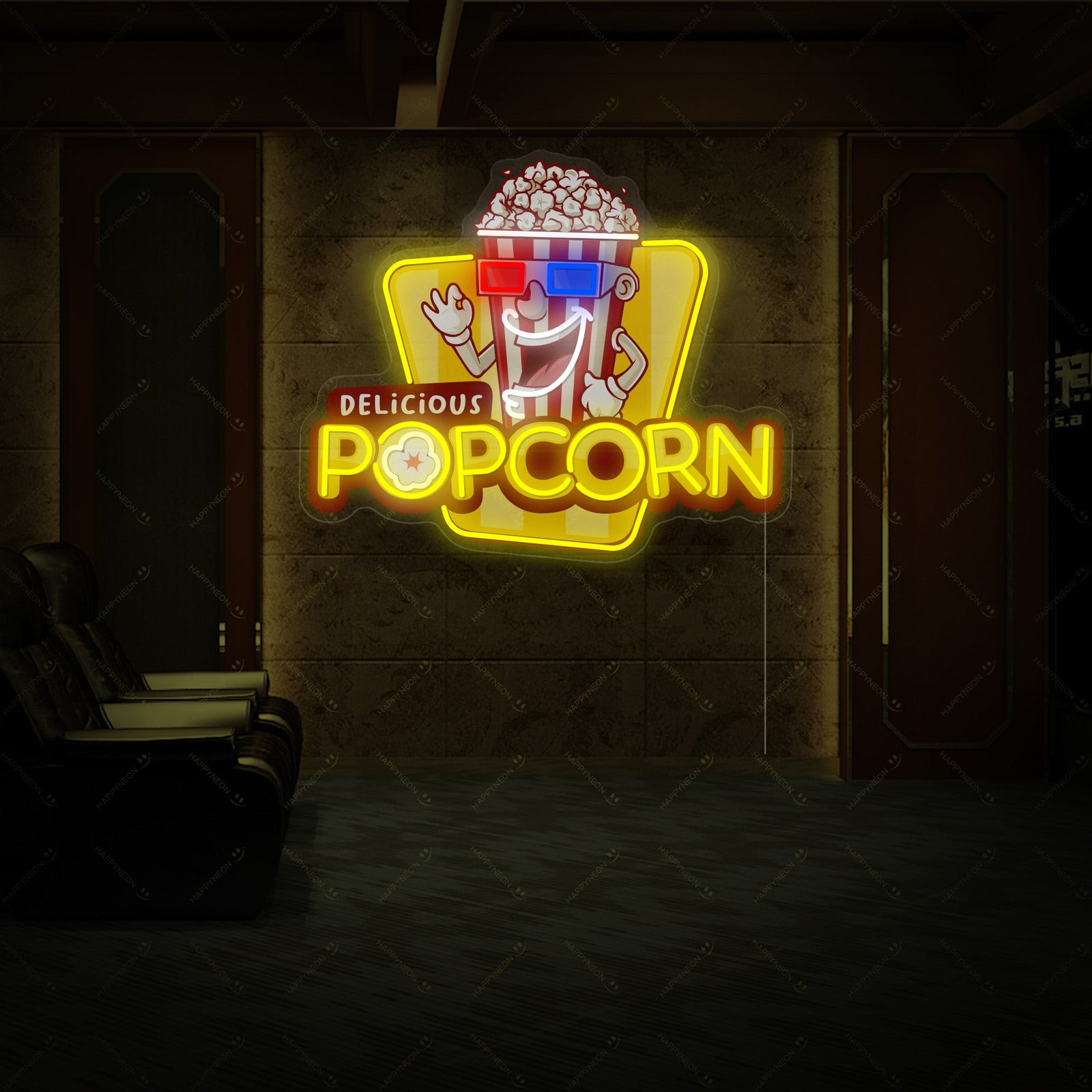 Close-up of the 'Delicious Popcorn' neon sign design, showing the detailed lettering and popcorn bucket graphic against a dark background.