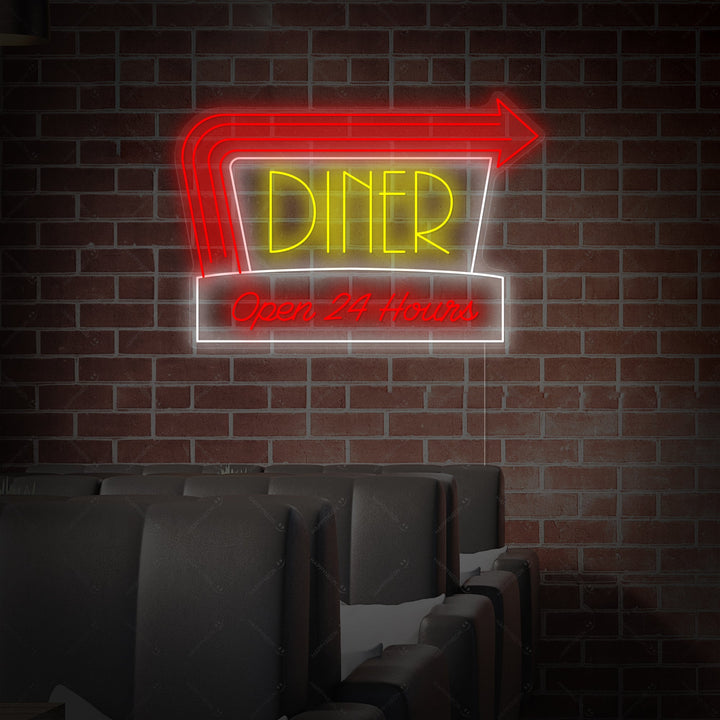 Diner Open 24 Hours neon sign design shown as a graphic on a grey brick wall background, illustrating the retro font style.