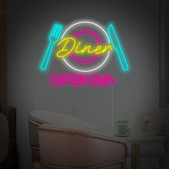 Graphic representation of a classic red and yellow 'Dinner Open 24h' neon sign, showcasing the clear acrylic backboard and stylized text designed for storefront display.
