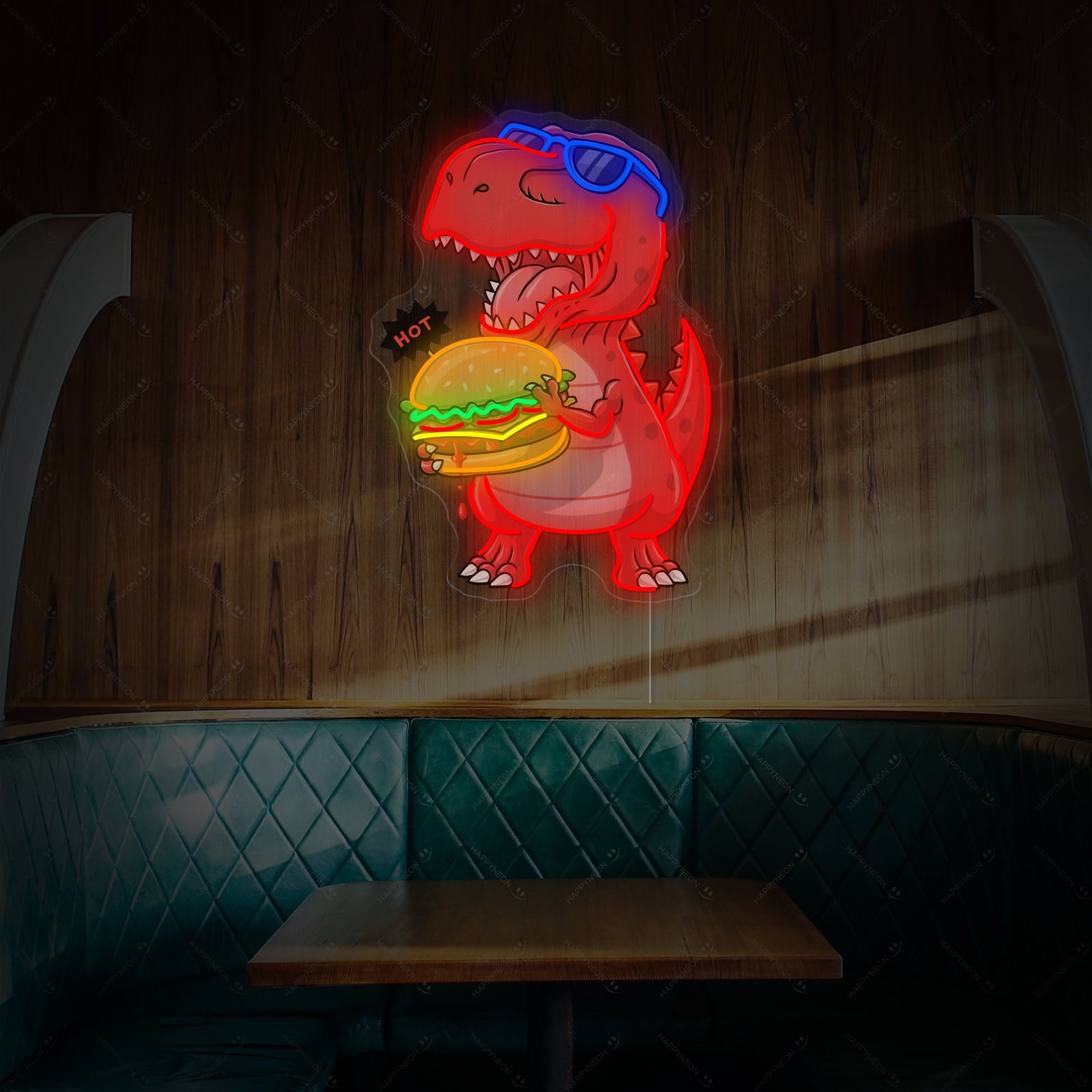 A colourful, illustrated 'Dinosaur Burger' neon sign featuring a T-Rex about to eat a double-stack burger with glowing outlines.